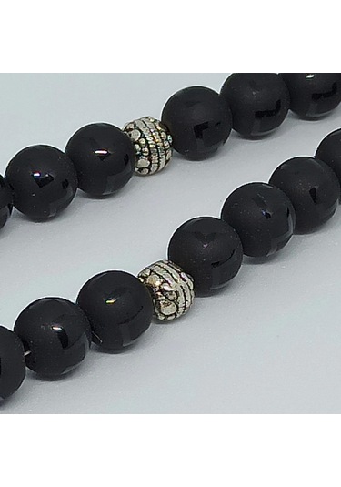 Kesebe Doğal Mat Siyah Desenli Oniks Taşlı Tespih - El Yapımı Koleksiyonluk Parça Çok Renkli