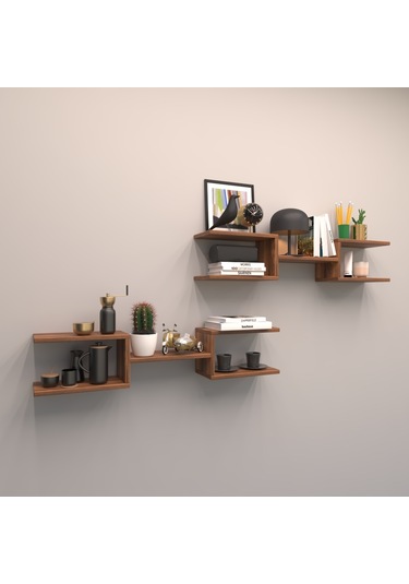 Rafkestir 2 Li Çift Mızrak Duvar Raf Seti Hareli Ceviz (Mat)
