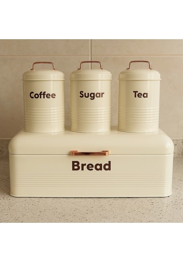 4 Lü Mutfak Seti Ekmeklikçay Kahve Şekerlik Krem 43x20 Krem