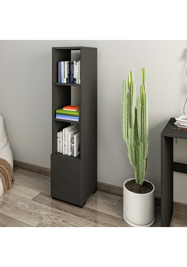 Kuzey 4 Raflı, Kapaklı Minimal Beyaz Kitaplık Antrasit