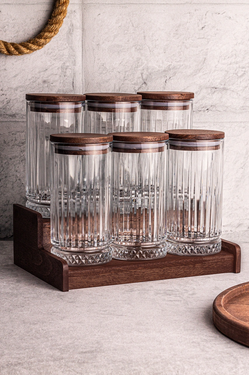 Mira 7 Parça Ahşap Vakumlu Kapaklı Standlı Cam Baharatlık Seti 450 Ml Çok Amaçlı Saklama Kabı Ahşap