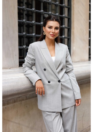 4 Düğmeli Kruvaze Geniş Çizgili Takım Açık Gri Açık Gri