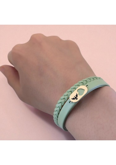 Archin Kral Kartal Temalı 14 Ayar Altın Plakalı Doğal Yeşil Derili Kalp Motifli Hediye Bileklik-556sembol Kral Kartal