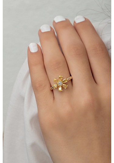 Ayarlanabilir Sarı Zirkon Taşlı Kamelya Çiçeği Yüzük Altın