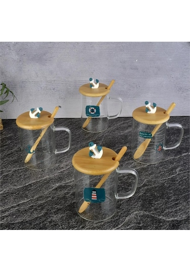 Bambu Kapaklı Tekli Cam Kupa Marine Desenli