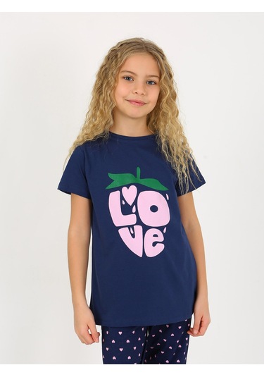 Kız Çocuk Kısa Kollu %100 Pamuklu Pijama Takımı Cute Love Lacivert