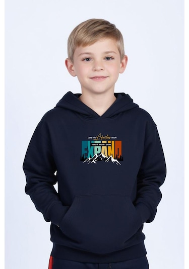Kapüşonlu Kanguru Cepli Expand Baskı Detaylı Erkek Çocuk Sweatshirt Lacivert