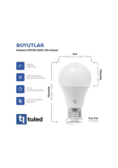 Redeem A60s E27 Led Ampul, Titreşimsiz, Göz Konforu, 587 Lümen, Tatlı Beyaz, 3500 Kelvin