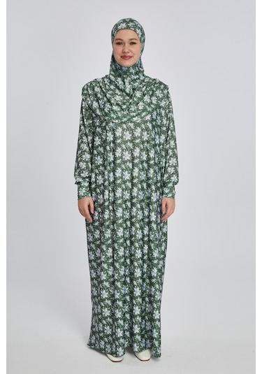 Pratik Tek Parça Manolya Desenli Namaz Elbisesi Haki