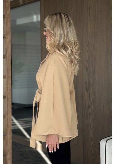 Camel Düğmeli Kuşaklı Kaşe Panço - 2055 Camel