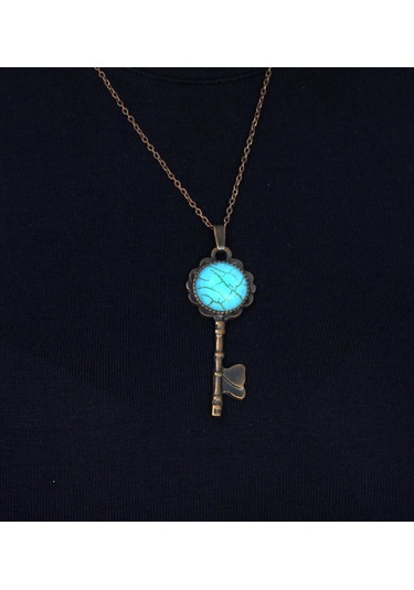 Doğal Taş Firuze Doğal Taşlı Anahtar Model Kadın Antik Kolye Euk35f Mavi