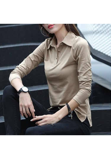 Düğme T Gömlek Kadın Sonbahar Üstleri Dönüş Yaka Ince Pamuklu Tişört Kadın Uzun Kollu Kadın Giysileri Tee Gömlek Femme Kahve Kahverengi Düğme T Gömlek Kadın Sonbahar Üstleri Dönüş Yaka Ince Pamuklu Tişört Kadın Uzun Kollu Kadın Giysileri Tee Gömlek Femme Kahve Kahverengi