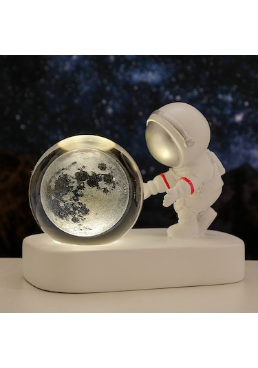 Soulader Astronot Figürlü Kristal Küre Dekoratif Masa Lambası Işık Efektli Gece Aydınlatması Modern Oda Süsü Gri