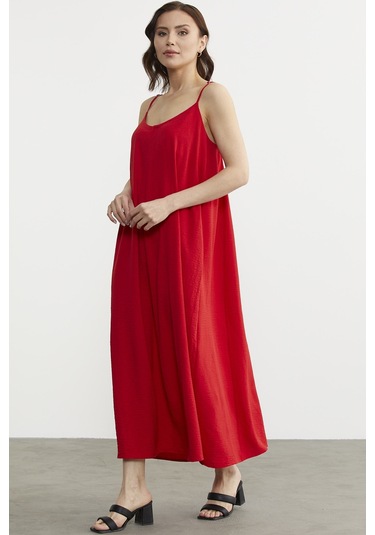 Ayarlanabilir Askılı Uzun Krep Elbise - Kırmızı 001