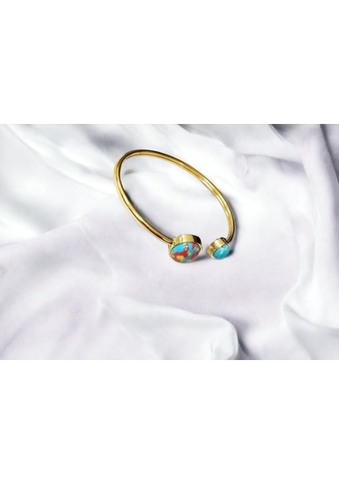 Çelik Mavi Kırmızı Sarı Detaylı Altın Renkli Kararmaz Kadın Bilezik Bileklik Çelik