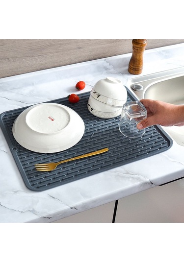 Lichen 2'li Set, Dikdörtgen Silikon Bulaşık, Drenaj Matı, Mutfak Gri