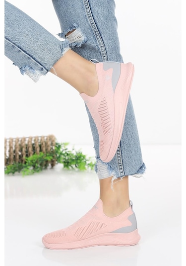 Günlük Kadın Erkek Unisex Sneaker Triko Nefes Alabilen Yürüyüş Bağcıksız Esnek Spor Ayakkabı Pudra