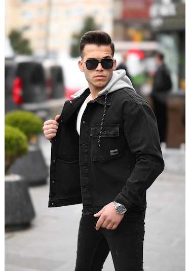 Erkek Siyah Kapüşonlu Çıkarılabilir Kapüşonlu Oversize Kot Ce... Siyah