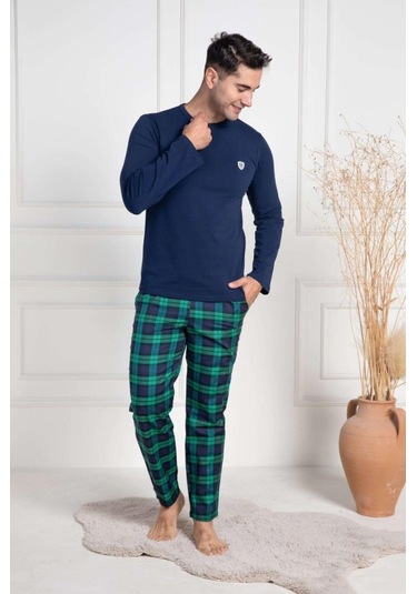 Mecit 3051 Erkek Lacivert Ekoseli Büyük Beden Pijama Takımı Lacivert