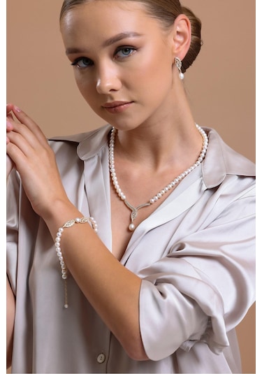 6,5 Mm Yaprak Detay Taşlı Doğal İnci Bileklik 23 Cm / Rose Rose Pembe Altın