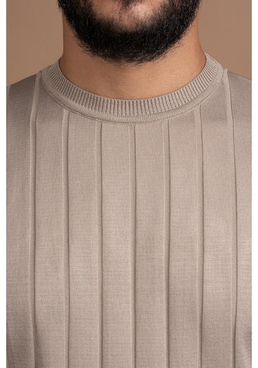 Sıfır Yaka Kendinden Çizgili Likralı Akrilik Mevsimlik Kazak Açık Kahverengi