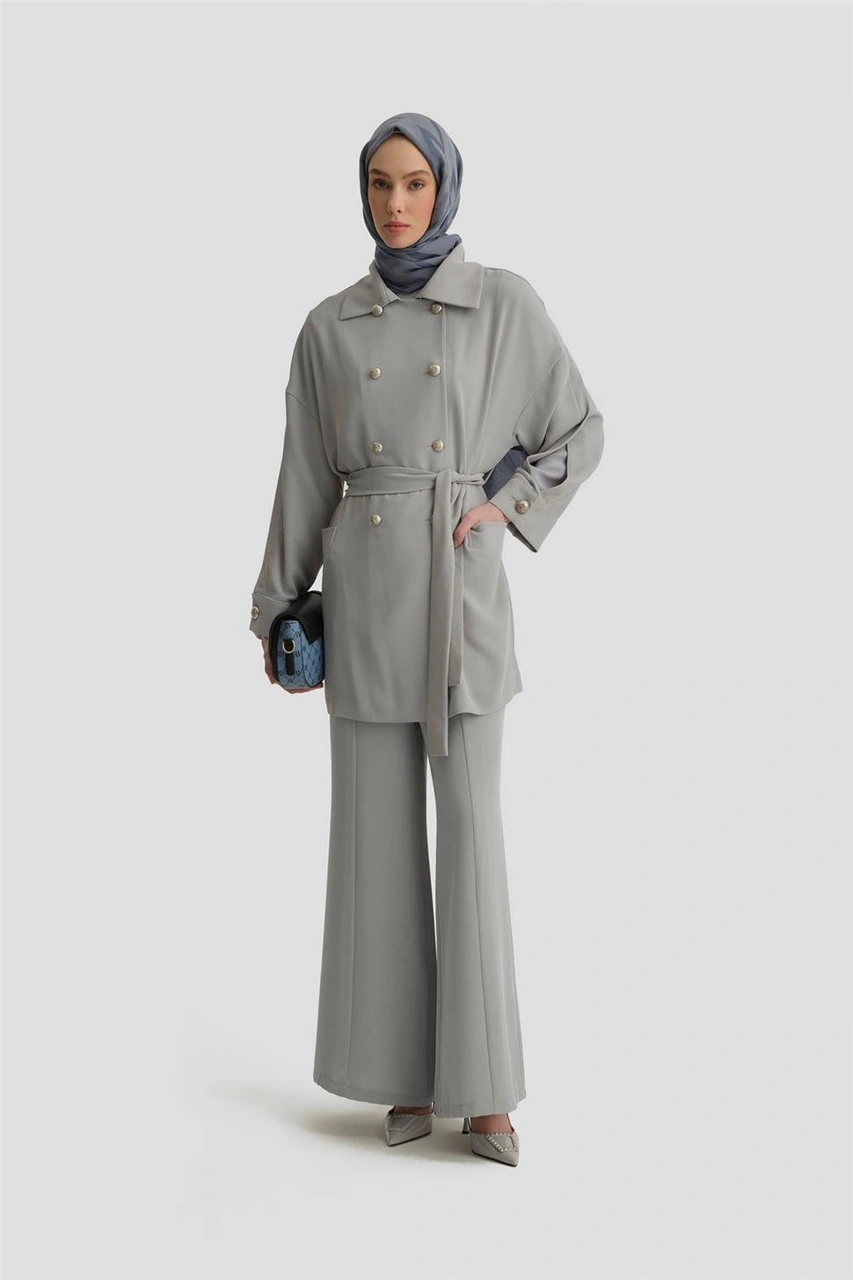 Armine Kol Yırtmaçlı Kruvaze Kap 25y7800 Gri Gri