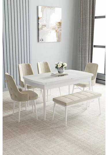 Loft Beyaz 80x132 Açılabilir Mdf Masa Yemek Odası Takımı, Mutfak Takımı 4 Sandalye, 1 Bench Krem