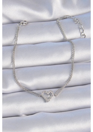 Pirinç Gümüş Renk Zirkon Taşlı Kalp Model Kadın Bileklik Çok Renkli