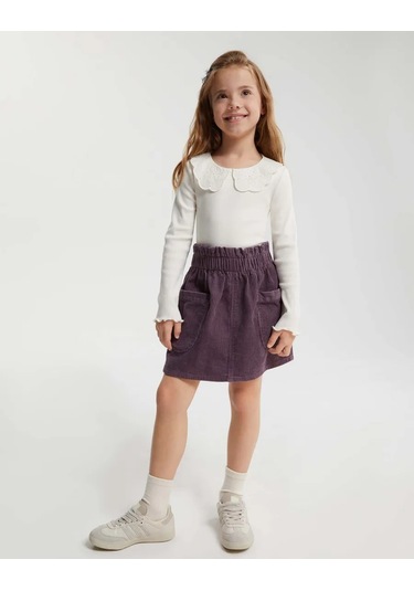 Gloria Jeans Nakışlı Koyu Mor Kadife Paperbag Etek 482128583 Koyu Mor