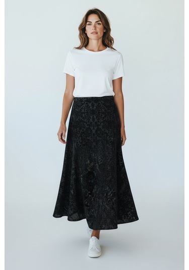 Kadın Beli Lastikli Desenli Sekiz Parça Balık Etek Mor