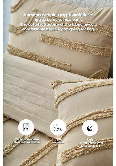 Pamuklu Sasha Kabartmalı Yatak Örtüsü Takımı Günlük Çift Kişilik Boho 3 Parça Elyaf Dolgulu Bej