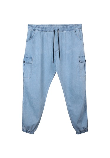 Erkek Büyük Beden 100-156 Kilo Arası İçin Uygun Kargo Cepli Jogger Kot Pantolon Açık Mavi