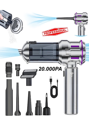 H-8083 20.000pa Kablosuz Oto Araç Süpürgesi Şarjlı 3 Kademeli Profesyonel Ultra Çekim Güçlü Mini Gümüş Gri