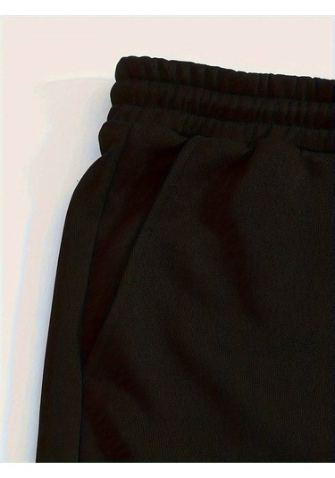 Hırsch Siyah Kadın Oversize Basic Kapüşonlu Lastikli Angel Baskılı Pamuklu Eşofman Takımı Siyah