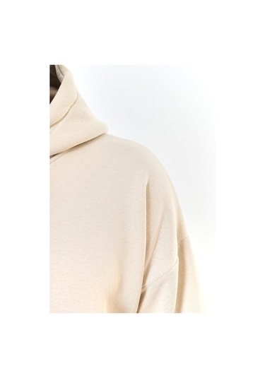 Unisex Theree Love Baskılı Kapüşonlu İçi Yumuşak Polarlı Oversize Sweatshirt - Bej Pembe