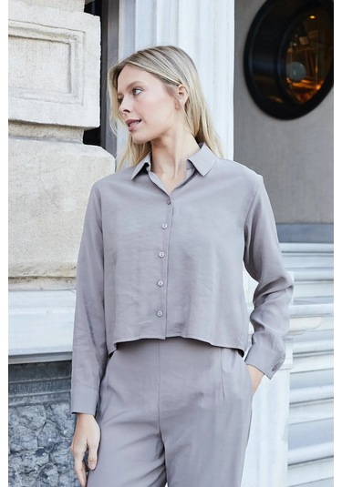 Kadın Likrasız Modal Kumaş Uzun Kol Hafif Kısa Gömlek-Duman Duman