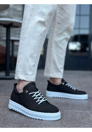 Pabucmarketi Bağcıklı Erkek Ayakkabı Siyah Beyaz Taban Renkli