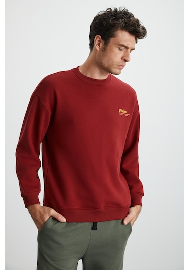 Ernest Erkek Yumuşacık Içi Polarlı Baskı Detaylı Organik Pamuk Oversize Bordo Sweatshirt