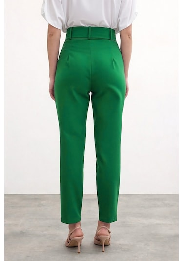 Sateen Yüksek Bel Kemerli Pantolon - Koyu Yeşil-132323 Koyu Yeşil