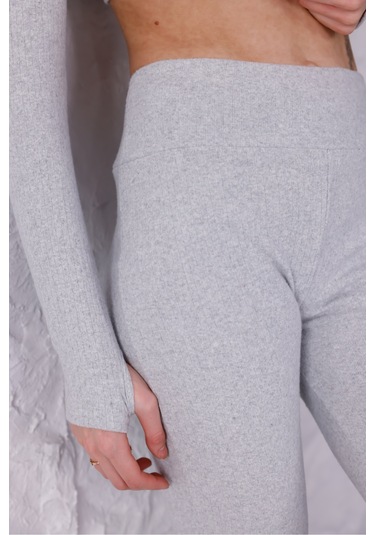 Kadın İspanyol Paça Pantolon Uzun Kollu Parmak Geçirmeli Crop Takım Gri