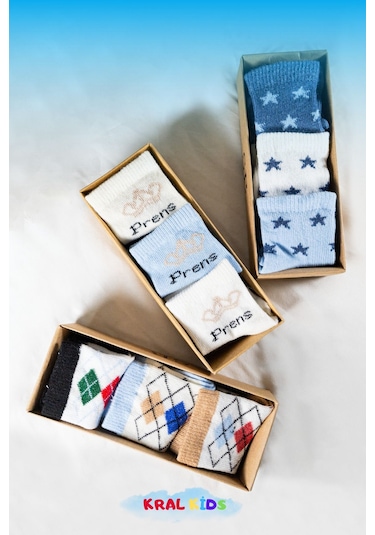 18 Çift Erkek Bebek Çorap Kutulu Patik Boy Set Yıldız, Prens Ve Desenli Modeller Çok Renkli