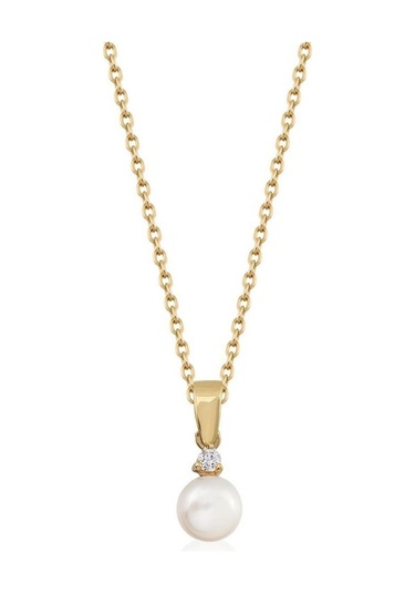 Üç Tırnaklı Pırlantalı 0,15 Karat Doğal İnci Kolye 3 Mm Sarı 3 Mm