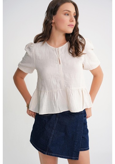 4713 Kadın Beli Büzgülü Kolu Lastikli Bol Müslin Bluz Naturel Naturel
