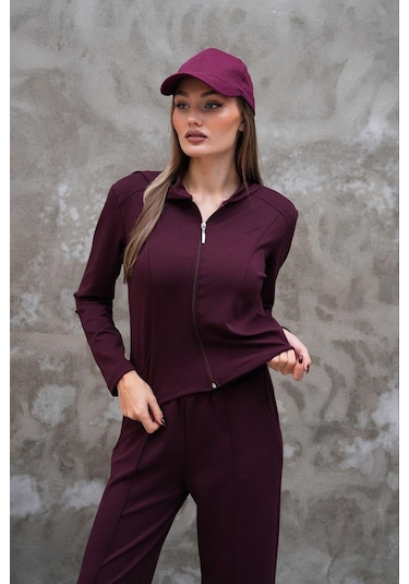 Elaxi Modal Kumaş Slim Fit Kapüşonlu İkili Takım Bordo