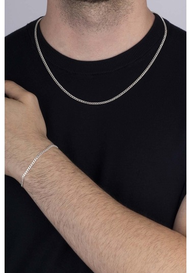 Gümüş Pazarım 925 Ayar Gümüş Erkek Gurmet Zincir Kolye Bileklik Kombini Çok Renkli