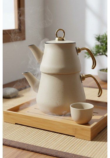 Yunusoğlu Home Granit Kaplama Gold Kulplu Cam Kapak Çaydanlık Krem Krem