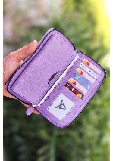 Telefon Bölmeli Lila Renk Kadın Cüzdanı Deri Portföy Kartlık Uzun Cüzdan Lila