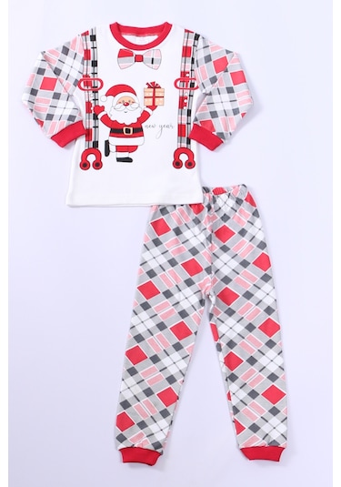 Çocuk Yılbaşı Pijama Takımı Noel Baba Baskılı Ribanalı D8 Kırmızı