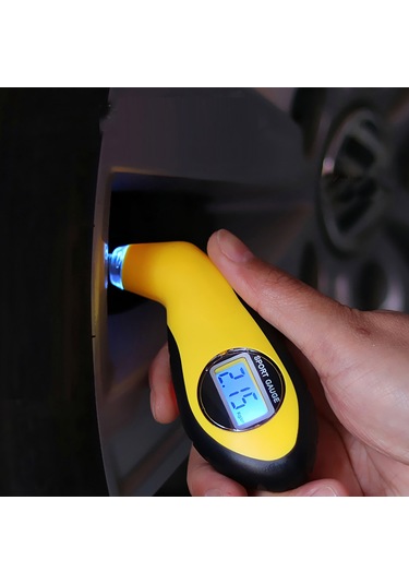 Springsun Araç Lastik Basınç Ölçer, Lcd Ekranlı, 4 Birim Seçenekli Psı/bar/kpa/kgf , 0-150psı Hassasiyet, Sarı-siyah Abs Malzeme, Pil İle Teslim