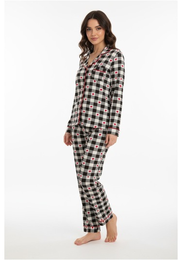 Luxury Viscose Siyah Beyaz Kareli Kalp Desenli Kadın Uzun Kollu Pijama Takımı 42564 Gri